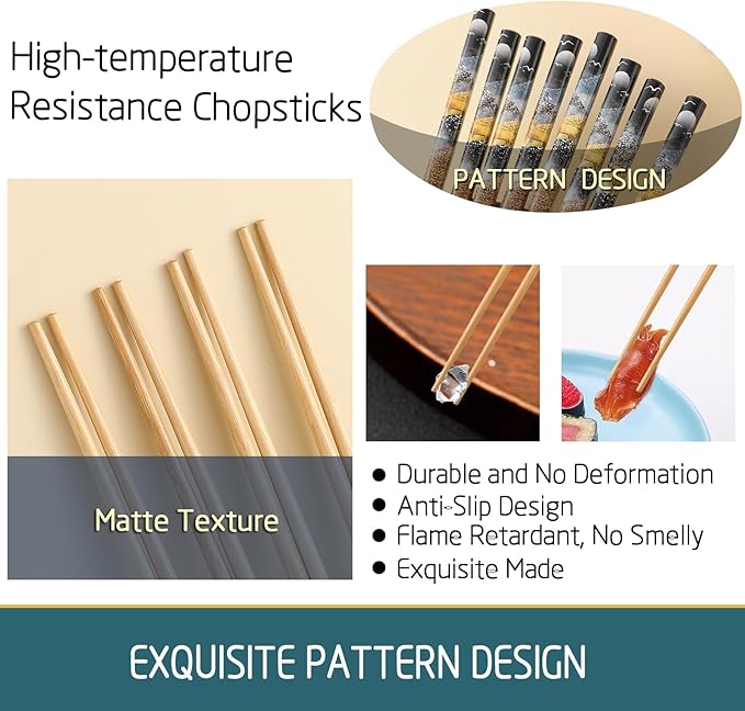 200 Pairs Bamboo Chopsticks - Reusable, Wooden, Disposable, Dishwasher Safe Bulk, 9.4 Inches with Chinese & Japanese Styles,Northern Scenery