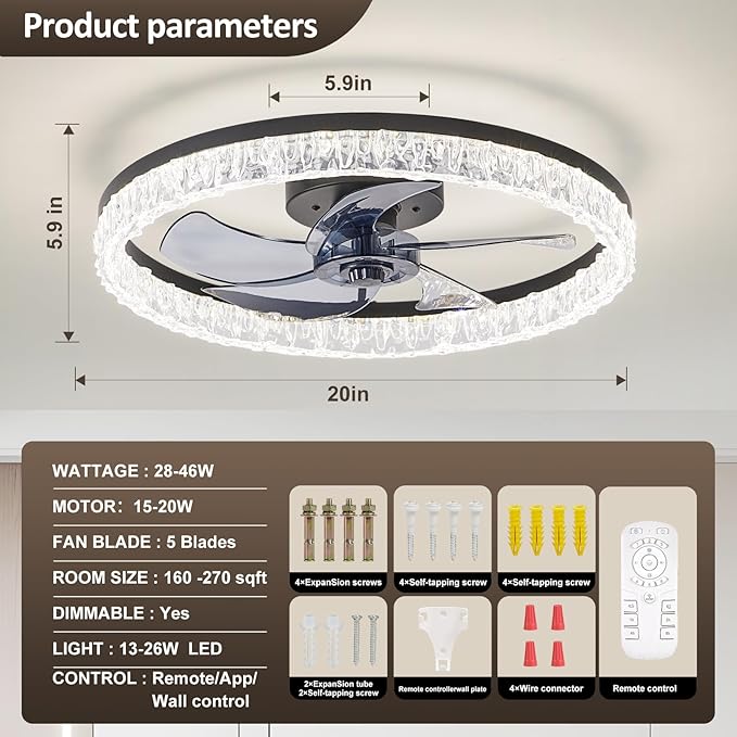 Ceiling Fans with Lights and Remote, 20" Modern Low Profile Ceiling Fan, Stepless Color Temperature Change and 6 Wind Speeds, Flush Mount Ceiling Fans for Bedroom, Kids Room and Kitchen
