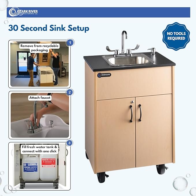 Ozark River Portable Sinks Premier 1, Maple Laminate-Laminate Countertop-Stainless Basin, Self Contained Sink, Hand Washing Station, Portable Sink with Hot Water, Portable Sink Hand Wash Station