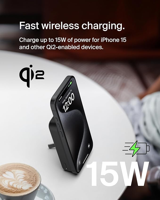 Belkin Portable Charger, Wireless Power Bank 15W 10000 mAh w/ Qi2, MagSafe Charger + Built-in Pop-up Kickstand - Compatible w/iPhone 17, Air, Pro, Pro Max, Google Pixel 10, etc. - Black