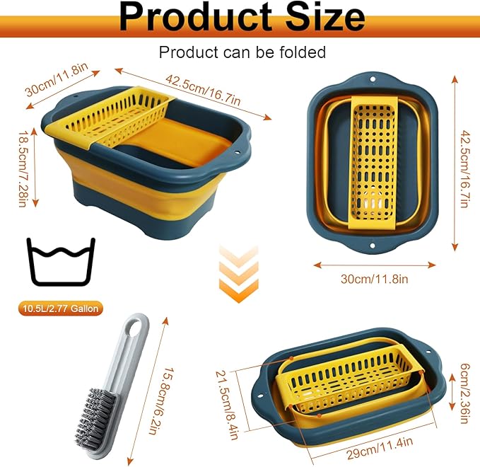 2.77 Gallon (10.5L) Collapsible Dish Basin with Drain Plug, Yellow Camping Dish Basin for RV, Space-Saving Foldable Wash Tub, BPA-Free Portable Sink for Vegetables and Dishes- with Brush