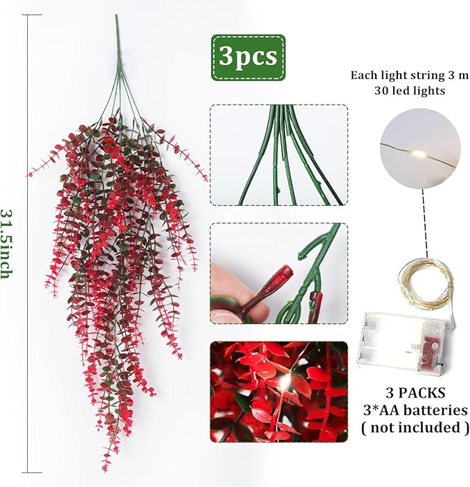 Hanging Plants Artificial Decor Artificial Ferns Modern Fall Decor Room Decor Plants for Outdoors Faux Hanging Plants Outdoor Fake Hanging Planta for Indoor Room Wall Wedding Patio Porch Decor(Red)
