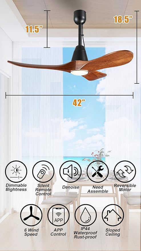 3 Blades Wood Outdoor Ceiling Fan with Light for Patios, Farmhouse Rustic Ceiling Fans with Lights, 42" Plug-in Wet Rated Outdoor Gazebo Fan for Exterior House Porch Patio, Waterproof,F247