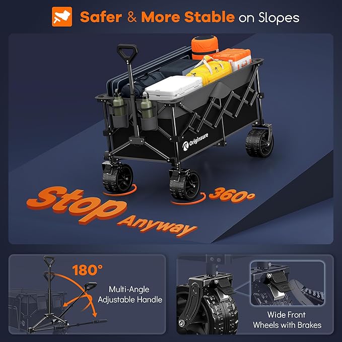 220L Collapsible Wagon Cart Foldable, 460LB Load Capacity Heavy Duty Folding Beach Wagons with Big All-Terrain Wheels, Utility Carts for Groceries, Shopping, Camping, Sports - Grey&Black