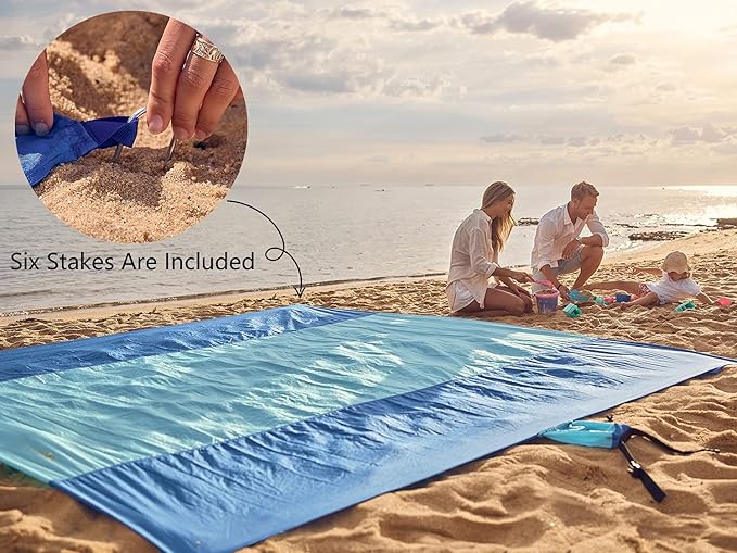 WEKAPO Beach Blanket Sandproof Waterproof, Extra Large Beach Mat, Oversized & Compact Sand Free Mat Quick Drying, Lightweight & Durable with 6 Stakes & 4 Corner Pockets