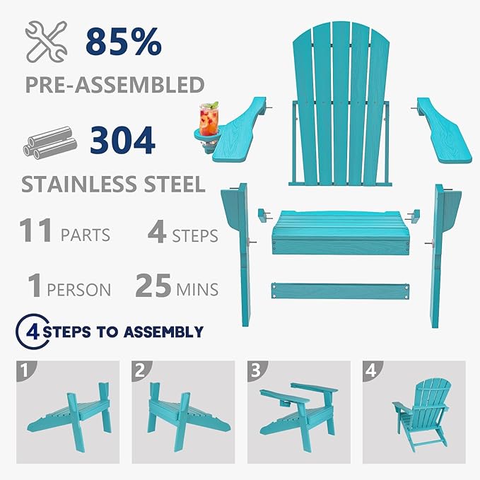 Folding Adirondack Chair, SGS Tested, Wooden Textured with Cup Holder, Heavy All-Weather HDPE Comfortable Set Poolside Backyard Lawn Aruba Blue