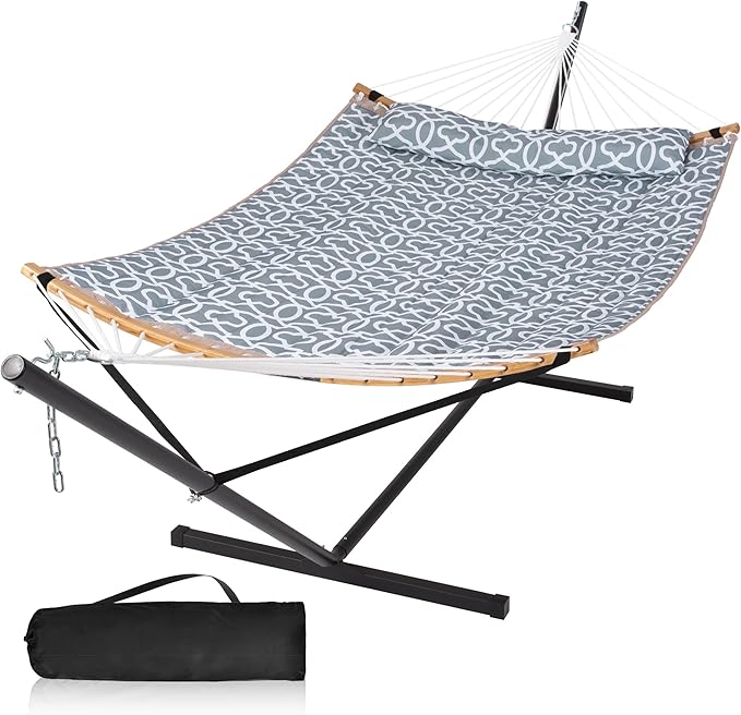Double Hammock with Stand Included, Portable Hammock with Curved Spreader Bar, Pillow and Carrying Bag, 450 Lbs Capacity, Grey Pattern