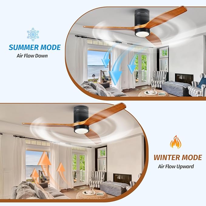 Ceiling Fans with Lights and Remote, 52 Inch Low Profile Ceiling Fan with Light, 3 Walnut Solid Wood Blade Dimmable 8H Timer 6-Speed Reversible Motor for Living Room Farmhouse Patio