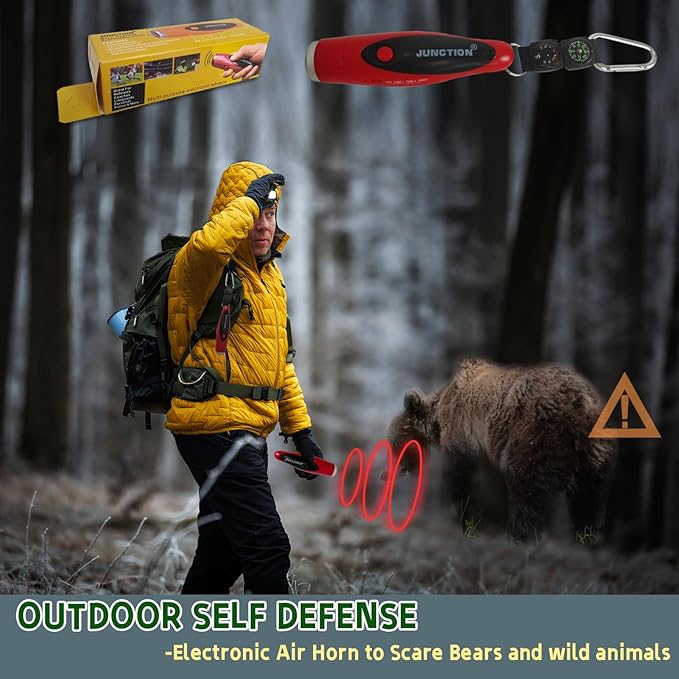 120dB Electronic Air Horn with Compass & Thermometer, Bear Horn to Scare Bears, Loud Air Horn for Safety Hiking Camping Emergency Self Defense, Electronic Whistle Bear Bells for Hiking (Red)