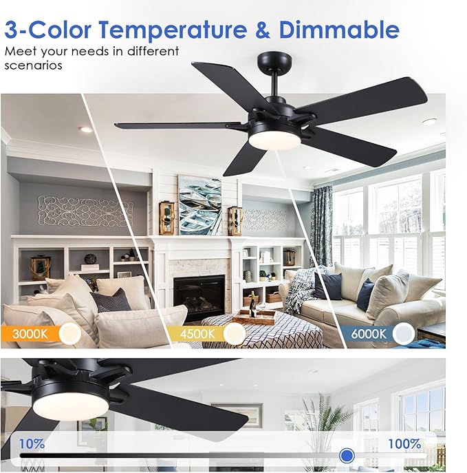 Ceiling Fans with Lights - 52 Inch Black Low Profile Ceiling Fan with Remote Control, 3CCT Dimmable Lighting, 6 Speeds Reversible, Modern Ceiling Fan Light for Indoor/Outdoor Use