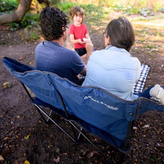 Black Sierra Double Padded Folding Camping Chair, Oversized Folding Camp Sofa, Portable Outdoor Loveseat Supports 500 lbs, Perfect for Beach, Tailgating, RV, Sports, Patio