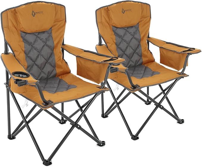 ARROWHEAD OUTDOOR 2-Pack Portable Folding Camping Quad Chair w/ 6-Can Cooler, Cup & Wine Glass Holders, Heavy-Duty Carrying Bag, Padded Armrests, Headrest & Seat, Supports up to 550lbs