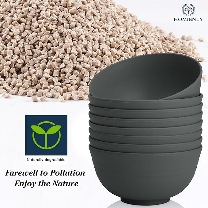 Hoimenly Wheat Straw Bowls, Unbreakable Cereal Bowl Set of 8, 26 OZ Bowls for Kitchen, Camping, Party, Microwave and Dishwasher Safe Bowls Set, Alternatives to Plastic Bowl(Dark Grey)