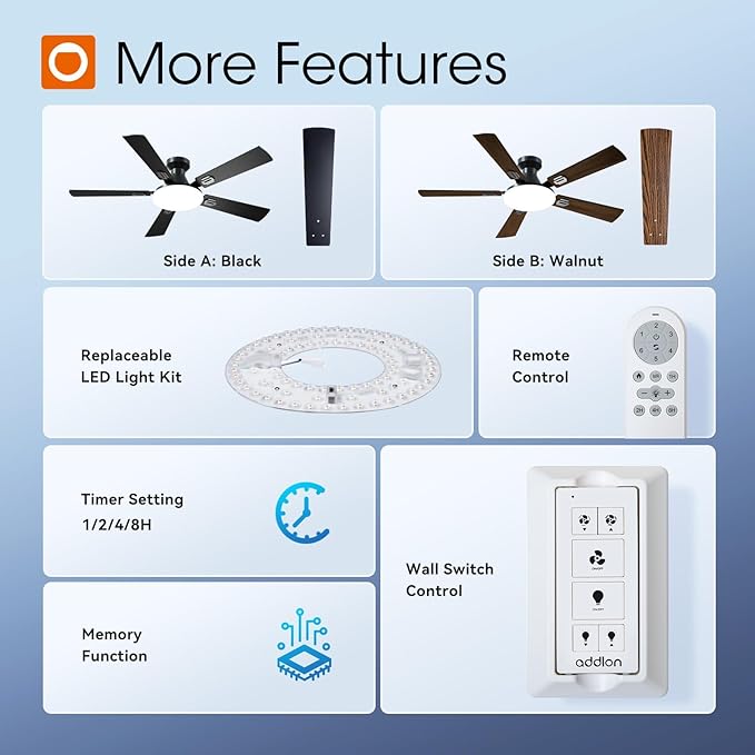 addlon Ceiling Fans with Lights, 52 inch Flush Mount Ceiling fan with Remote Control, Wall Remote, Reversible, 5CCT, Dimmable, Noiseless DC Motor, Black Low Profile Ceiling Fan for Bedroom, Farmhouse