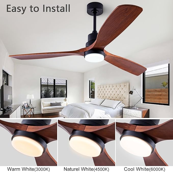 48" Wood Ceiling Fan with Light and Remote Control, Indoor Outdoor Wooden 3 Blades Ceiling Fan for Patio Living Room, Bedroom, Office,Reversible DC Motor(Black+Dark Walnut)