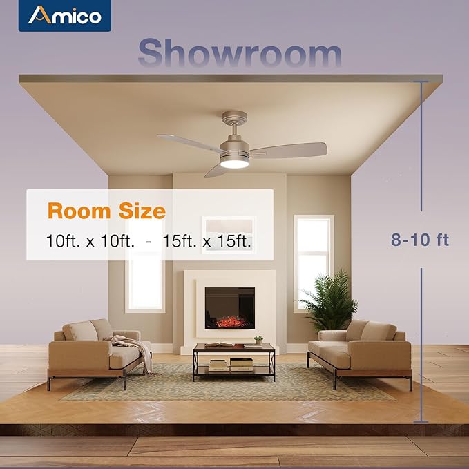 Amico Ceiling Fans with Lights, 44 inch Nickel Ceiling Fan with Light and Remote Control, Reversible, 3CCT, Dimmable, Noiseless, Small Ceiling Fan for Bedroom, Farmhouse, Indoor/Outdoor Use