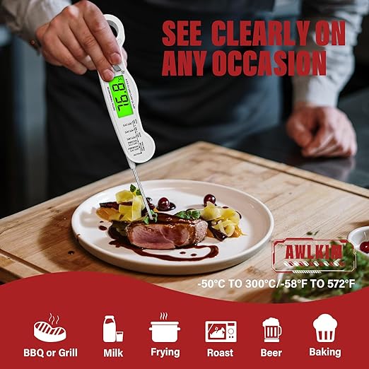 AWLKIM® Meat Thermometer Digital - Fast Instant Read Food Thermometer for Cooking, Candy Making, Outside Grill, IP67 Waterproof Kitchen Thermometer with Backlight, Stocking Stuffers for Men - White