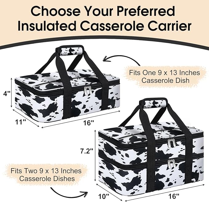 Insulated Casserole Carrier, Portable Casserole Carrier for Hot or Cold Food Lunch Tote Warmer or Cooler Bag, Lasagna Lunch Bag for Potluck Parties- Fits 9" x 13" Baking Dish-Cow Pattern
