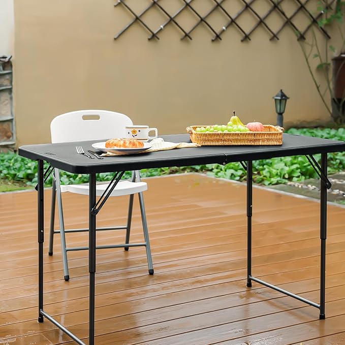 Folding Table 4 Foot Portable Heavy Duty Plastic Fold-in-Half Utility Table Small Indoor Outdoor Adjustable Height Folding with Carrying Handle, Camping and Party, Black