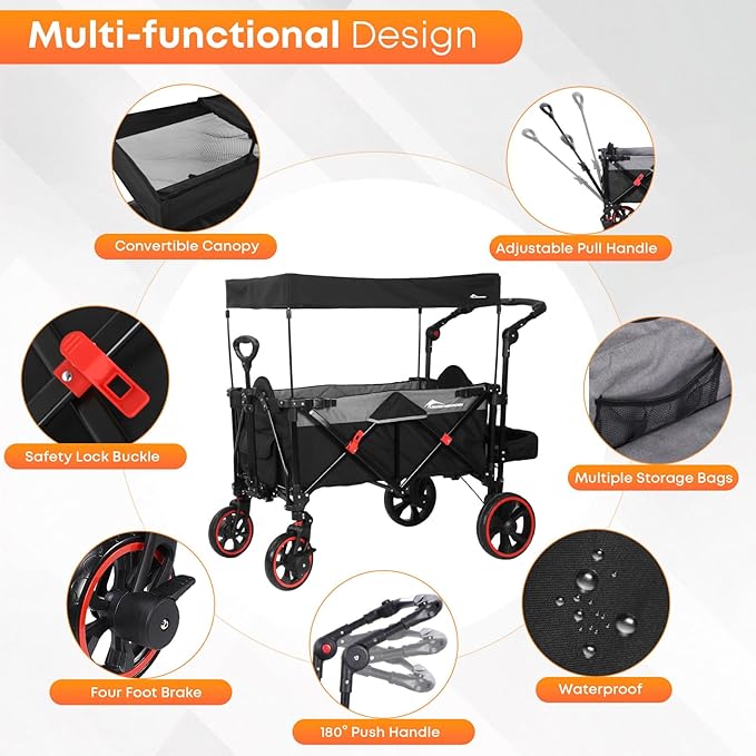 Collapsible Canopy Wagon, Foldable Wagon Stroller with 330LBS, Heavy Duty Cart with Shock-Absorbing Wheels, Adjustable Push Pulling Handles for Camping, Garden, Sports, Shopping, Black