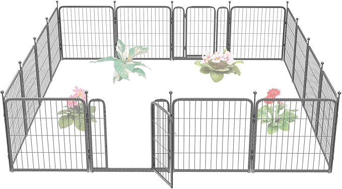 FXW Garden Fence with Door, 24in(H) x 30ft(L) 16 Panels Dog Fence Outdoor for The Yard - Heavy Duty Metal Fencing Tall Animal Barrier for Dog and Rabbit, Easy Assemble