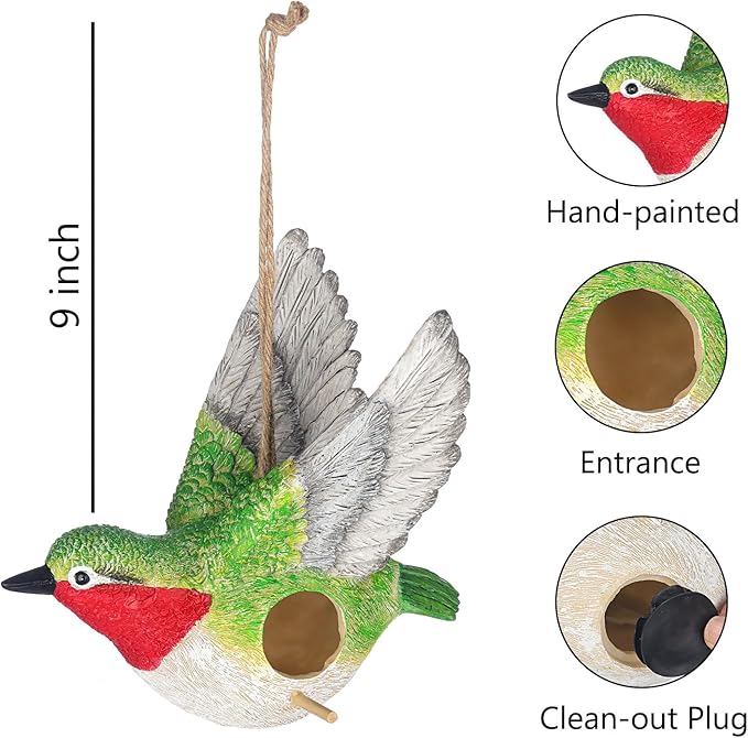 BAYN Bird House for Outside, Hanging Handcrafted Hummingbird Resin Outdoor birdhouses Humming Bird, Bluebird, Wren, Camper Hanging Houses nest cage