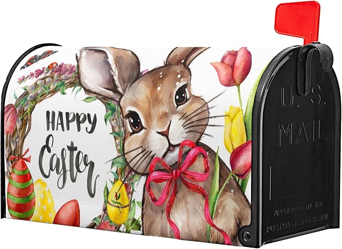 Happy Easter Bunny Magnetic Mailbox Covers Cute Rabbit with Egg Flower Wreath Decorative Mailboxes Wraps Post Letter Box Cover Standard Size 21x18 in Spring Holiday Decor for Home Outdoor Garden Yard