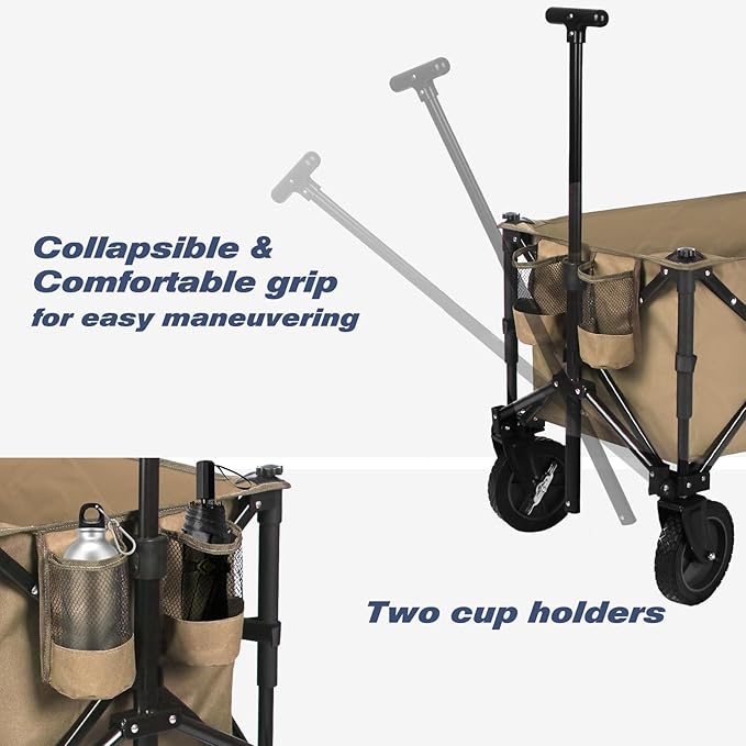 Chihee Folding Beach Wagon Cart Garden Cart Heavy-Duty with 2 Cup Holders,Camp Cart for Gimballed Wheels with Braking System Large Capacity Removable Fabric,for Sporting Events,Camping,Beach Trips