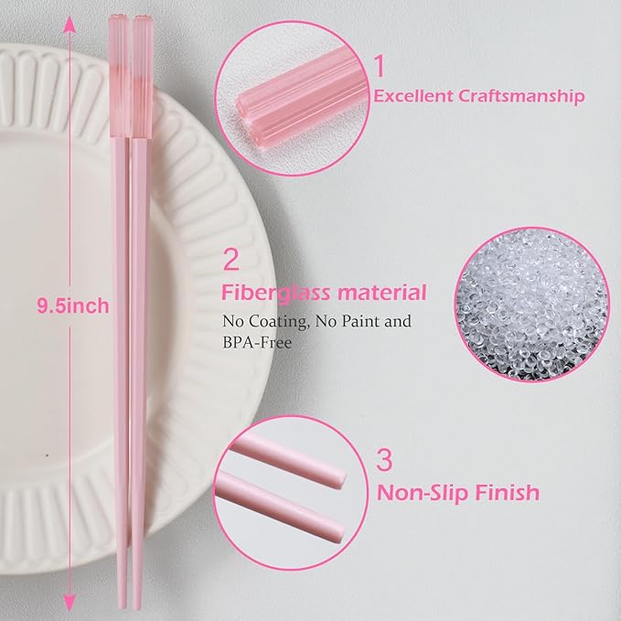 Chopsticks Reusable Dishwasher Safe, GLAMFIELDS 10 Pairs 9.5 Inches Premium Fiberglass Chop Sticks Set for Sushi, Ramen, Asian Cuisine, Non-slip, Pink