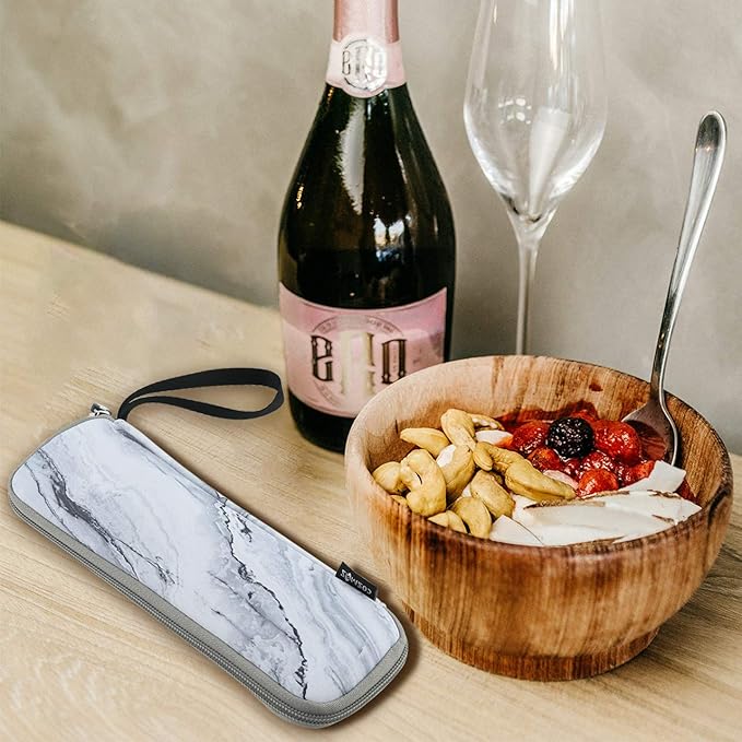 CM Reusable Portable Travel Tableware Carrying Bag Storage Case Cutlery Flatware Organziers for Straw Spoon Fork Chopsticks Utensil Holder (Marble White Pattern)