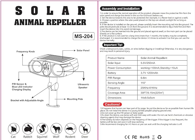 2Pack Ultrasonic Cat Repellent Outdoor Solar Animal Repellent with Motion Detection&Flash Light Animal Deterrent Devices Deer Repellent Devices to Scare Raccoon Rabbit Skunk Repellent for Yard