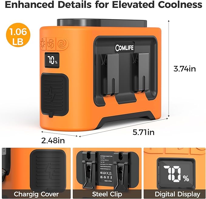 14500mAh Portable Waist Fan Clip On Belt- Rechargeable Battery Operated,Max 40H Cooling,5 Speed 14600RPM,Dual Air Vent, Hands-free Shirt Neck Fan With Light for Outdoor Jobsite Camping Traveling