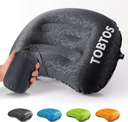 TOBTOS Ultralight Camping Pillow - Inflatable, Ergonomic Neck & Lumbar Support, Blow Up Air Pillow for Travel, Hiking, Outdoor (Black), 17x12