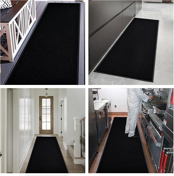 fani Heavy Duty Large Outdoor Indoor Entrance Black Doormat Waterproof Low Profile Entrance Rug Front Door Mat Patio Anti-Skid Rubber Back, 48x96 inch (Jet Black)