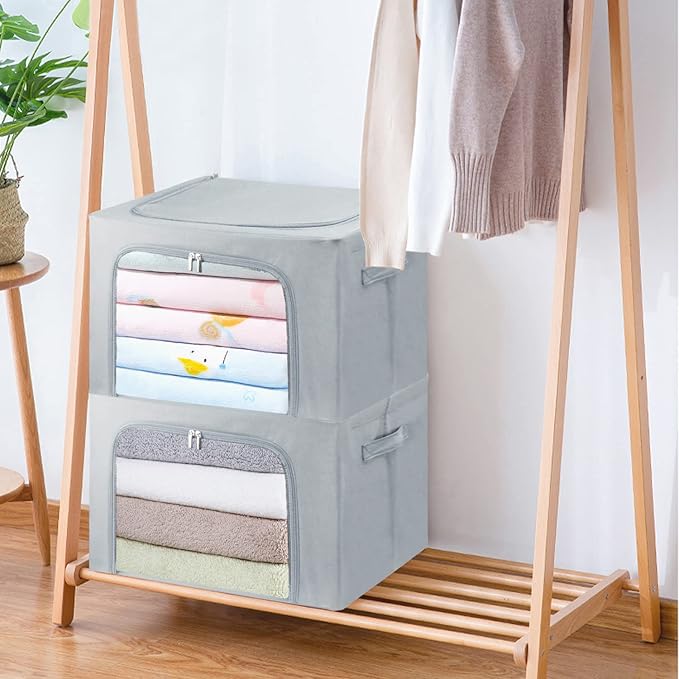 Clothes Storage Box Bins Stackable Foldable Organizer,Sturdy Handles with Metal Frame for Clothing Bedding Shelves,Closet Container with Clear Window Zipper and Label Holder (Gray, 66L x3 Pack)