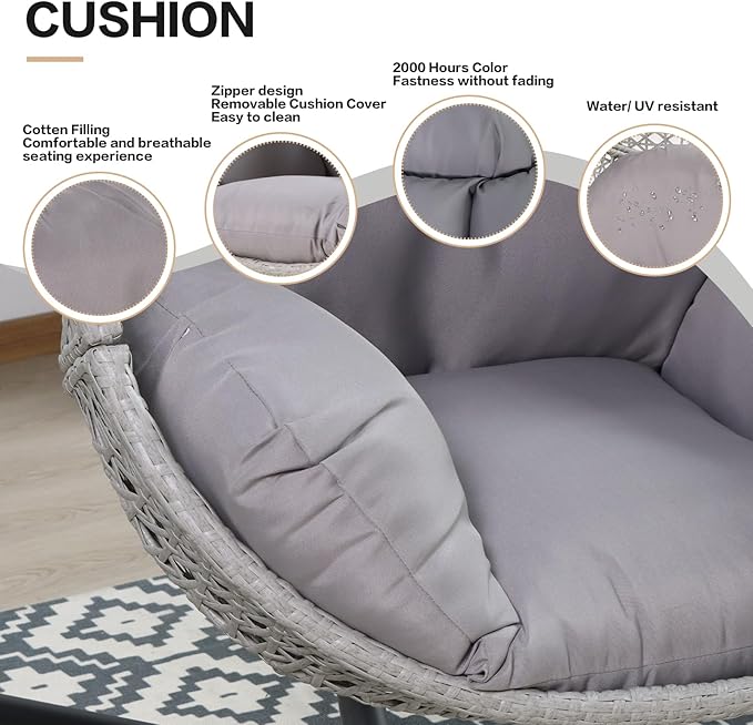 Hanging Egg Chair with Stand, Wicker Egg Swing Chair PE Rattan Hanging Chair Comfort Cushion, 350LBS Capacity for Indoor Bedroom Outdoor Porch Garden (Grey)