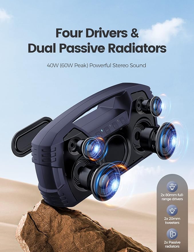 Houl Zallee IPX7 Waterproof Bluetooth Speaker, 40W Portable Wireless Speakers, 32H Playtime, Stereo Loud Sound, Deep Bass, Bluetooth 5.0, Built-in Mic, for Party/Camping/Pool/Gifts, Beach-Navy Blue