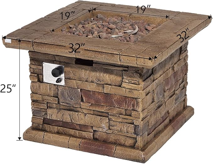COSIEST Outdoor Propane Fire Pit Table w Faux Brown Ledgestone 32-inch Square Fire Table, CSA Certified, 50,000 BTU Stainless Steel Burner, Free Lava Rocks, Fits 20lb Tank Inside