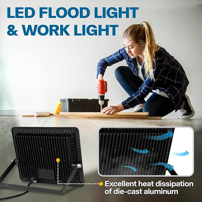 2 Pack Outdoor Flood Light, 5000LM Super Bright LED Work Light with 5.9FT Plug, IP65 Waterproof, 6000K Daylight White, 180Adjustable Bracket for Garage, Yard