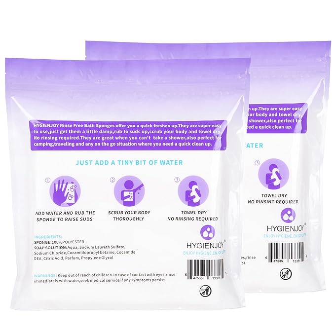 HYGIENJOY-21% Larger,Rinse Free Bath Sponges for Adults-Disposable No Rinse Bathing Wipes,Soap Infused,Extra Thick and Dry Shower Wipes for Elderly,Camping,Post Surgery Must Haves, (Lavender 2 pack)