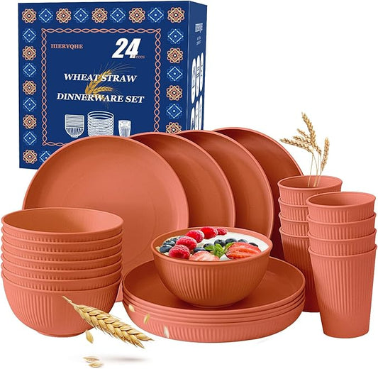 24pcs Wheat Straw Dinnerware Sets For 8, Unbreakable Plates and Bowls Wheat Straw Dinnerware Microwavable Cups Plates and Bowls Sets Shatterproof For Outdoor Kitchen Camping