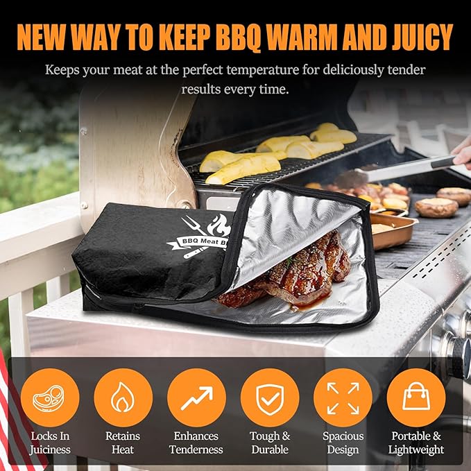 BBQ Blanket for Resting Meat, 22 in Smoker Meat Resting Blanket, Reusable Smoker Grilling Meat Insulated Resting Bag with Wide Mouth for Large Gifts for Men/Dad with Box, Black