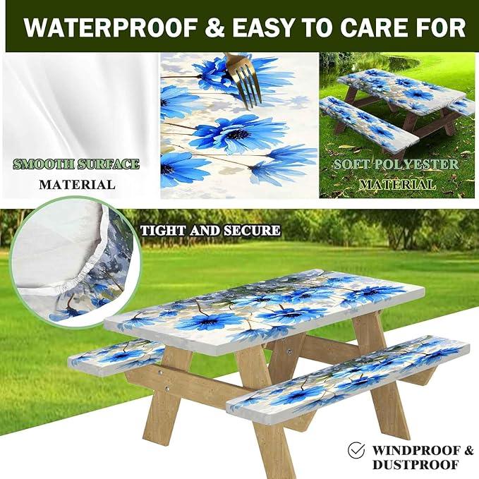 CAPSCEOLL Fitted Picnic Table Cover with Bench Covers with Elastic 8Ft Waterproof Camping Picnic Table Cover Cloths for Outdoors Camping Tablecloth with Drawstring Bag, 96X30in, Blue Flowers