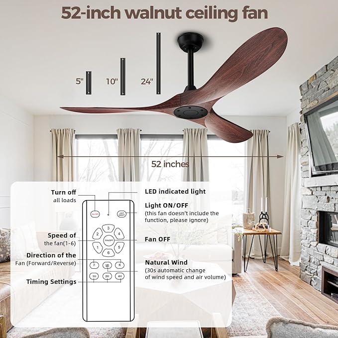 52 inch Outdoor Ceiling Fan with Remote Control - Modern Classic Design for Indoor & Outdoor Use: Ideal for Kitchen, Bedroom, Living Room, Farmhouse, Patio