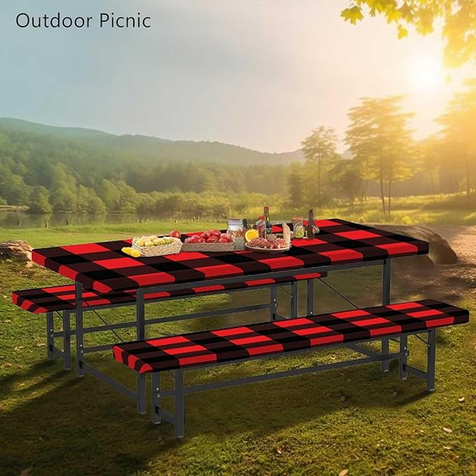 CAPSCEOLL Fitted Picnic Table Cover with Bench Covers with Elastic 6Ft Waterproof Camping Picnic Table Cover Cloths for Outdoors Camping Tablecloth with Drawstring Bag, 72X30in, Black Red