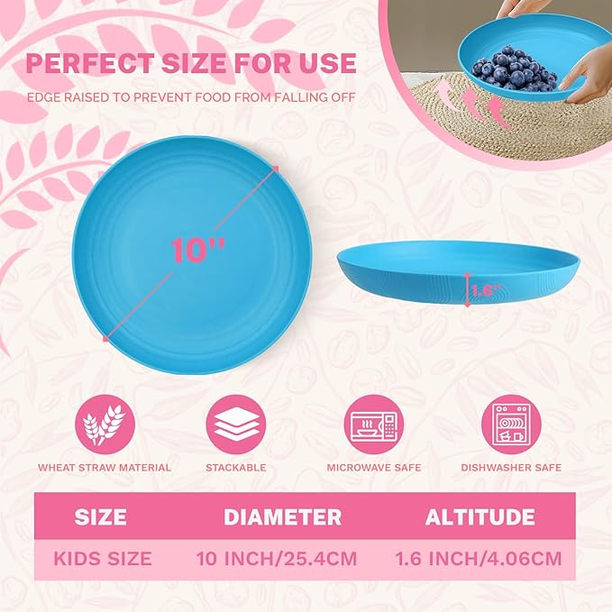 Homienly Wheat Straw Plates, 10 inch Deep Dinner Plates, Service for 8, Unbreakable Plates for Outdoor, Lightweight Microwave and Dishwasher Safe Camping Plate Set for Dinner, Salad, Fruit - Sky Blue