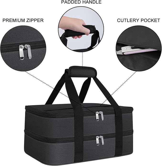 esouler Double Insulated Casserole Carrier Bag Hot & Cold Food Carrier Bag Lasagna Holder Lunch Bag for Picnics, Parties, Travel, Fits 9 x 13 Inches Casserole Dish-Black