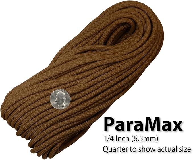 1/4" ParaMax Paracord 100 ft – 1000 lb Type IV Rope for Dog Leashes, Camping, Kayak Anchor - Made in USA - Coyote Brown