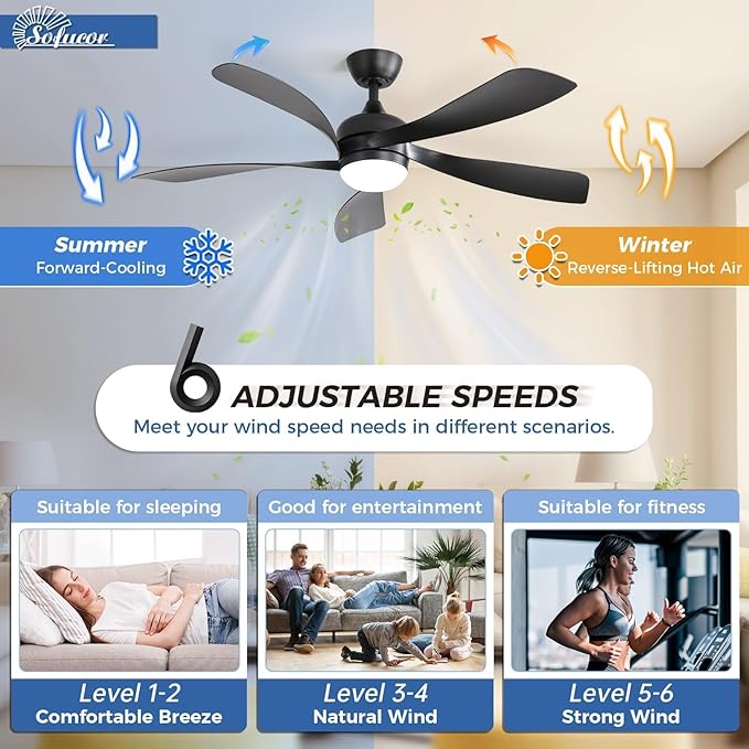 Sofucor 52 Inch Ceiling Fans with Lights and Remote, Outdoor Ceiling Fan with Light 6-Speed 3 CCT 3-Timer, Black Low Profile Ceiling Fan 5 Blade Reversible DC Motor for Living Room Bedroom Patio