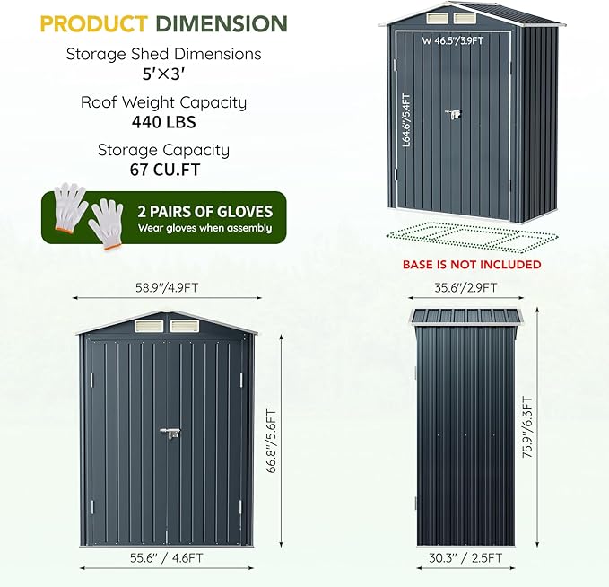 Breezz 5x3FT Vertical Outdoor Steel Storage Shed,Lockable Doors, Compact Metal Tool Shed for Garden, Backyard, Patio, Utility, and Bike Storage,Nightblue